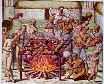 Scena kanibalizmu w Brazylii Indianie pożerali swoich wrogów i więźniów. Grawer z „Admirante Narratio Americae” Theodore de Bry (1528-1598) autorstwa Theodore de Bry