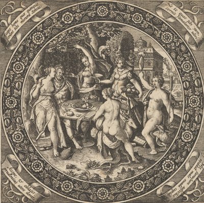 Scena ze świętem miłości w kręgu w centrum, 1580-1600. autorstwa Theodore de Bry