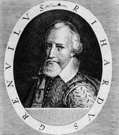 Sir Richard Grenville (ok. 1541-91), z „Newe Welt und Americanische Historien” Johanna Ludwiga Gottfrieda, wyd. Mattaeus Merian, Frankfurt, 1631 autorstwa Theodore de Bry