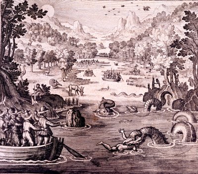 Sir Walter Raleigh: Odkrycie wielkiego, bogatego i pięknego imperium Gujany, z „Newe Weld un Americanische Historien” Johanna Ludwiga Gottfrieda, 1631 autorstwa Theodore de Bry