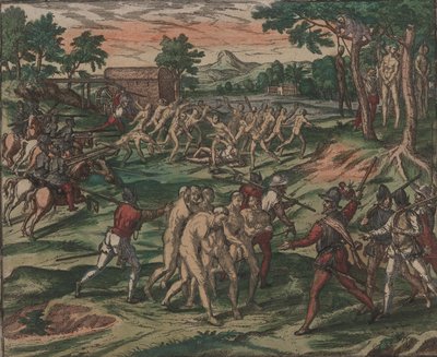 Niewolnicy próbują pokonać swoich hiszpańskich właścicieli, ale zostają schwytani i powieszeni na drzewach, 1595. autorstwa Theodore de Bry