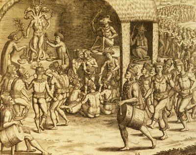 Południowoamerykański rdzenny obrządek religijny, rycina z Historia americae, autorstwa Theodora de Bry (1528-1598), Frankfurt autorstwa Theodore de Bry