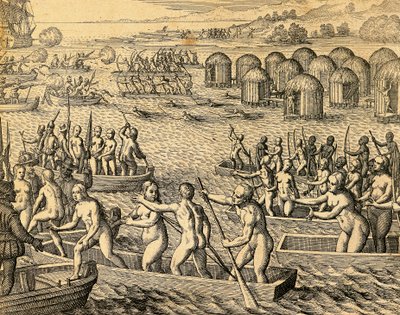 Rdzenni mieszkańcy Ameryki Południowej atakują statki zdobywców autorstwa Theodore de Bry