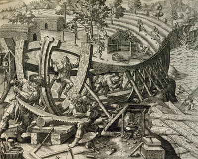 Hiszpańscy marynarze budujący karawelę, rycina z Historia Americae autorstwa Theodora de Bry (1528-1598) autorstwa Theodore de Bry