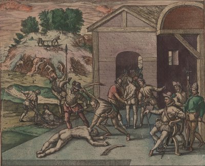 Hiszpańscy żołnierze obserwują i wykonują karę niewolnika, 1595. autorstwa Theodore de Bry
