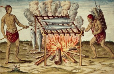 Tubylcy Taino gotujący ryby, kolorowa rycina Theodora de Bry (1528-1598) z obrazu Johna White