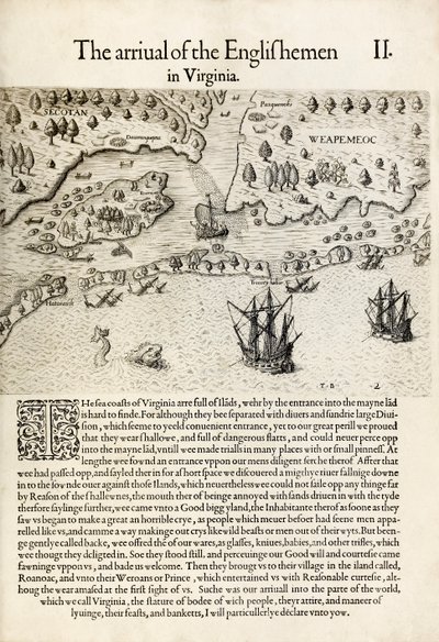 „Przybycie Anglików do Wirginii”, z „Briefe and True Report of the New Found Land of Virginia” Thomasa Harriota (rycina) autorstwa Theodore de Bry