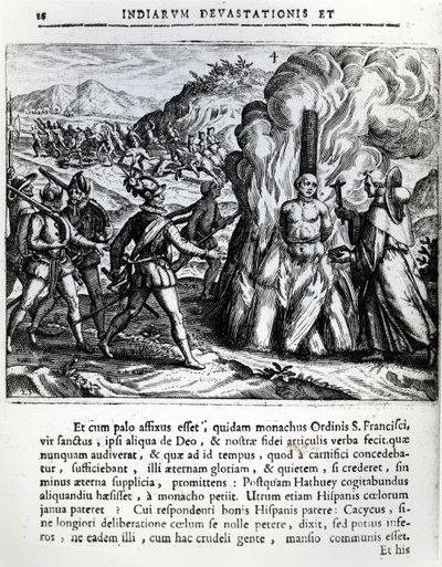 Spalenie Hatuey przez Hiszpanów w Yara na Kubie 2 lutego 1512 1664 autorstwa Theodore de Bry
