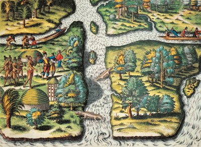 Francuzi pomagają tubylcom zdobyć żywność autorstwa Theodore de Bry