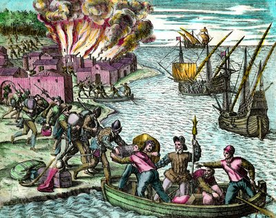 Francuzi plądrują i palą miasto Chioreran Grawerowanie z „Historii Ameryki” Theodore de Bry (1528-1598) XVI-wieczna kolekcja prywatna autorstwa Theodore de Bry