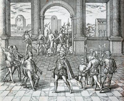 Król Inków Atahualpa wzięty do niewoli przez Hiszpanów w Cajamarca, Illuistration from American History by Theodore de Bry autorstwa Theodore de Bry