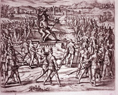 Król Inków, Atahualpa (lub Atabaliba), trzymający berło w kształcie słońca, jest niesiony na lektyce na spotkanie z Francisco Pizarro (Grawerowanie autorstwa Theodore de Bry
