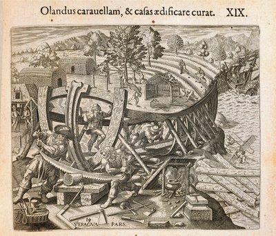 Hiszpanie budują swój pierwszy statek w Nowym Świecie, grawerowany przez Theodora de Bry (1528-1598) z Ameryki autorstwa Theodore de Bry