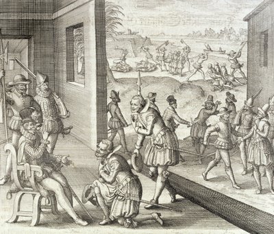 Hiszpanie zdobywają Fort Caroline, 1565, z "Newe Welt und Americanische Historien" Johanna Ludwiga Gottfrieda, wydanej przez Mattaeusa Meriana, Frankfurt, 1631. autorstwa Theodore de Bry