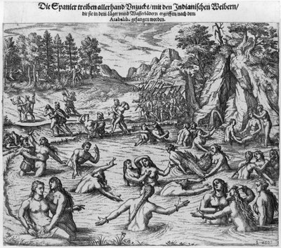 Hiszpanie nadużywają indyjskich kobiet po schwytaniu króla Atahualpy (ok. 1502-33) w 1532 r autorstwa Theodore de Bry