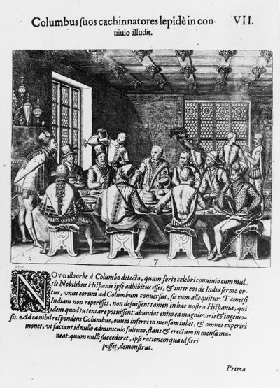Historia jajka Krzysztofa Kolumba (1450-1506) 1585-88 (rycina) (fot. bw) autorstwa Theodore de Bry