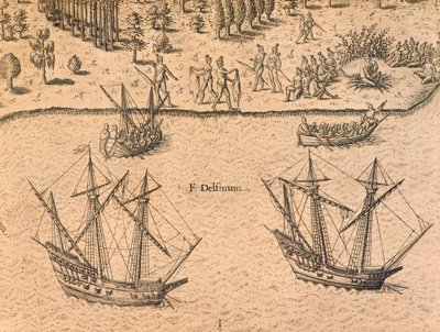 Przybycie francuskich statków na Florydę autorstwa Theodore de Bry