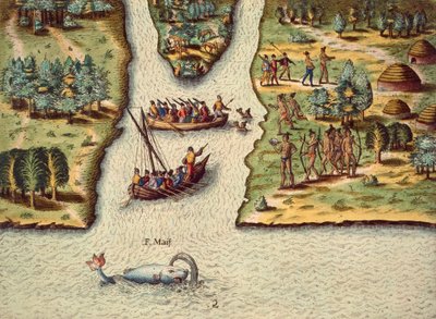 Флоридагийн яриа.poli сэтгүүлээс Теодор де Бри (1528-1598) сийлбэрлэсэн Францчуудын ирэлт. autorstwa Theodore de Bry