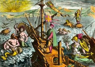 Łódź włoskiego nawigatora Amerigo Vespucci (1454 - 1512) autorstwa Theodore de Bry