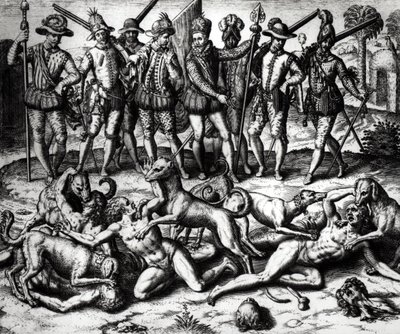 Psy Vasco Nuneza de Balboa (1475-1571) atakujące Indian autorstwa Theodore de Bry