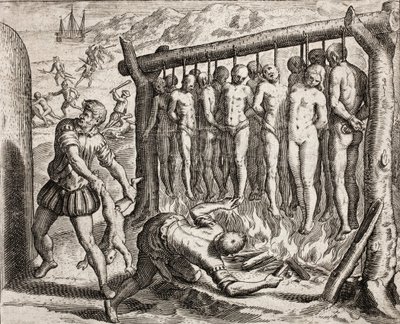 Trzynaście powieszonych i spalonych ofiar, przedstawienie zbrodni dokonanych na Indianach przez hiszpańskich osadników z Bartolome de las Casas (grafika) autorstwa Theodore de Bry