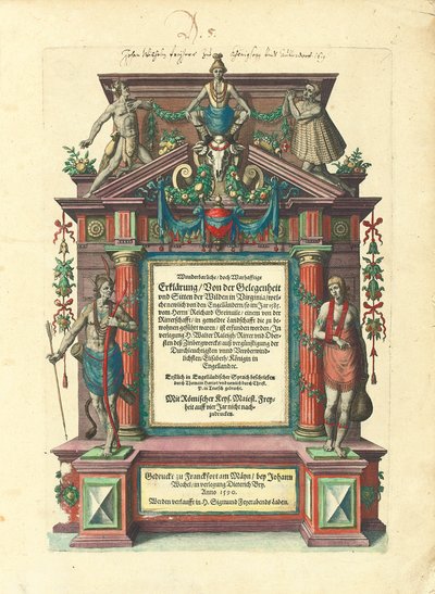 Strona tytułowa pierwszego wydania w języku niemieckim pierwszej części „Wielkich podróży: Ameryka”, 1590 autorstwa Theodore de Bry