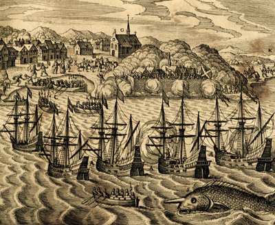 Widok portu Acapulco w Meksyku, rycina z Historii Americae, Theodor de Bry (1528-1598), Frankfurt autorstwa Theodore de Bry