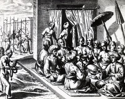 Ceremonia ślubna w Bantam na wyspie Jawa, autorstwa Theodora de Bry (1528-1598). rytownictwo autorstwa Theodore de Bry