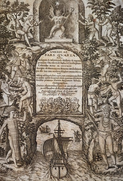 Indie Zachodnie lub Ameryka, Theodor de Bry (1528-1598), frontyspis, grawerowanie autorstwa Theodore de Bry