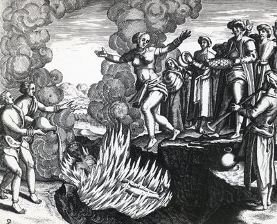 Kobieta rzucająca się na stos męża, Theodor de Bry (1528-1598), rycina autorstwa Theodore de Bry