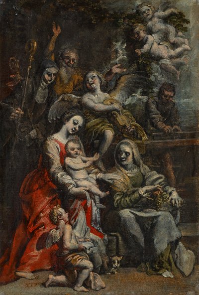 Święta Rodzina ze świętą Anną, innymi świętymi i aniołami (olej na papierze nałożony na panel) autorstwa Theodore van Loon