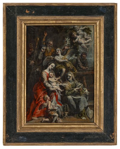 Święta Rodzina ze świętą Anną, innymi świętymi i aniołami (olej na papierze nałożony na panel) autorstwa Theodore van Loon