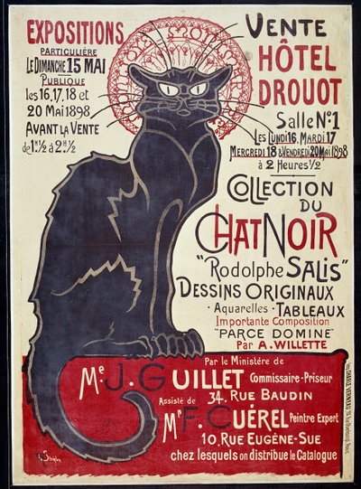 Plakat reklamowy zapowiadający sprzedaż w hotelu Drouot w 1898 r. kolekcji Czarnego Kota i prac Rodolphe Salis, ilustracja Theophile Alexandre Steinlen (1859-1923) autorstwa Théophile Alexandre Steinlen