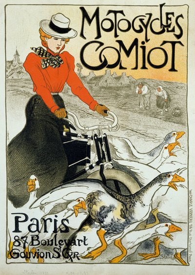 Plakat reklamowy motocykli Comiot. Młoda kobieta na motorowerze toczy się wśród grupy gęsi. Plakat Teofila Alexandre Steinlena (1859-1923). 1899. Paryż, sztuka dekoracyjna. autorstwa Théophile Alexandre Steinlen