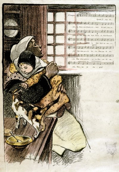 Dziecko w ramionach kobiety bawiącej się z kotem, chore. Steinlen do nut, s.d. 19e s. autorstwa Théophile Alexandre Steinlen