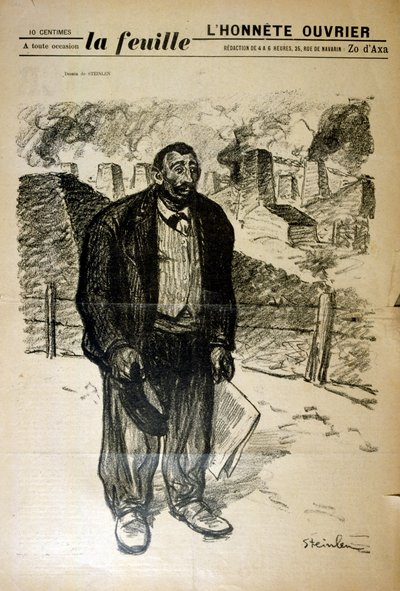 Rysunek biednego robotnika fabrycznego na tle przemysłowego krajobrazu autorstwa Alexandre Steinlena (1859-1923), urodzonego w Szwajcarii francuskiego malarza i grafika secesyjnego autorstwa Théophile Alexandre Steinlen