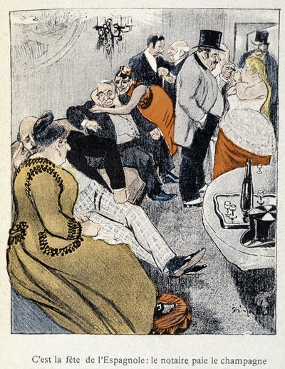 Filles et Marlous: To święto Hiszpanów: notariusz płaci szampana – w „Dans la vie” Steinlena 1901 (ten sam rysunek co nr 27695) autorstwa Théophile Alexandre Steinlen