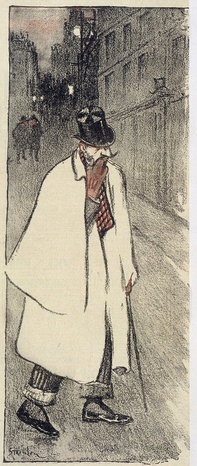 Mężczyzna na górze i płaszcz spacerujący po ulicy - w „Gil Blas” z listopada 1894 r. autorstwa Théophile Alexandre Steinlen