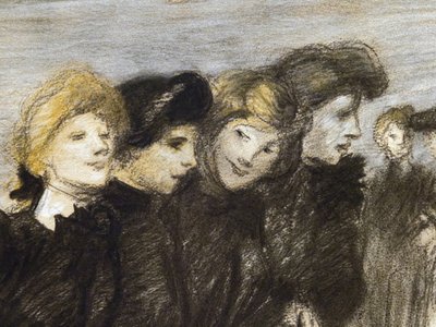 Wyjście midinetek (detal) (przed 1907). Teofil Alexandre Steinlen (1859-1923). Węgiel i pastel na papierze. Musee des Beaux-Arts de la Ville de Paris, PeuPalais. autorstwa Théophile Alexandre Steinlen