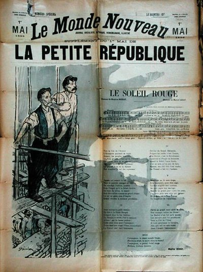 Dwóch robotników budowlanych śpiewających "Le Soleil Rouge", pierwsza strona okładki "La Petite Republique". autorstwa Théophile Alexandre Steinlen