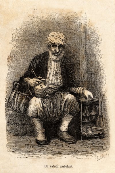 Sprzedawca kawiarni (cafedji) podróżujący po bazarze Trebizonde (dzisiejszy Trabzon, na wybrzeżu Morza Czarnego), grawer według rysunku narratora, ilustrujący podróż do Lazistanu i Armenii, z 1869 roku, autorstwa Theophile Deyrolle, opublikowany w „” Le to autorstwa Theophile Louis Deyrolle