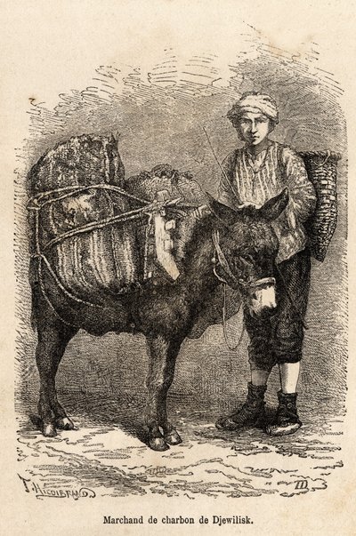 Kupiec węglowy ze swoim osłem w Djewilisk (północna Anatolia), wyryty według rysunku narratora, ilustrującego podróż po Lazistanie i Armenii, z 1869 roku, autorstwa Theophile Deyrolle, opublikowanego w „Le tour du monde” 1875, pod redakcją Edouarda Charton autorstwa Theophile Louis Deyrolle