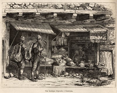 Sklep spożywczy w Erzeroum (Armenia), wygrawerowany według rysunku autora, ilustrującego podróż po Lazistanie i Armenii, autorstwa Theophile Deyrolles, w 1869, opublikowany w „Le tour du monde””” 1875, pod redakcją Edouarda Chartona, Wydanie Hachette, Pary autorstwa Theophile Louis Deyrolle