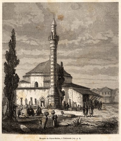 Meczet Giaour-Meidana (Giaour Meidan) w Trebizonde (dzisiejszy Trabzon, na wybrzeżu Morza Czarnego, Turcja), będący niegdyś kościołem bizantyjskim, wyryty według rysunku narratora, ilustrujący podróż do Lazistanu i Armenia, z 1869 r., autorstwa Theophile Louis Deyrolle