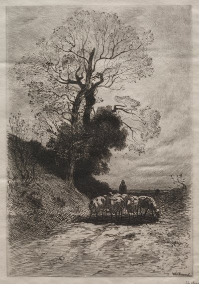 Powrót stada, ok. godz. 1870. autorstwa Theophile Narcisse Chauvel