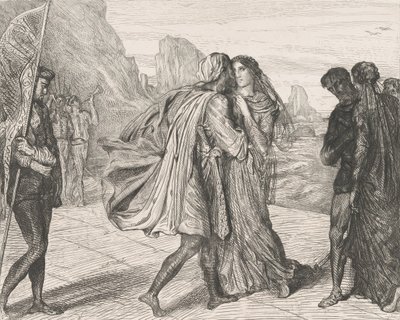 O mój piękny wojowniku!: płyta 5 z Otella Akt 2, scena 1, sztychowana 1844, przedruk 1900. autorstwa Théodore Chassériau