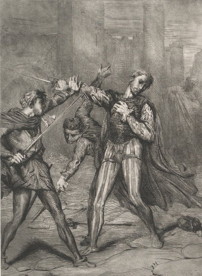 Złoczyńca, ty umrzesz: tablica 10 z aktu Otella 5, scena 1, trawiona 1844, przedruk 1900. autorstwa Théodore Chassériau