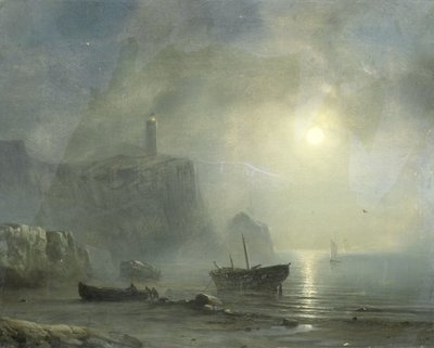 Widok na skaliste wybrzeże przy świetle księżyca autorstwa Théodore Gudin (attributed to)