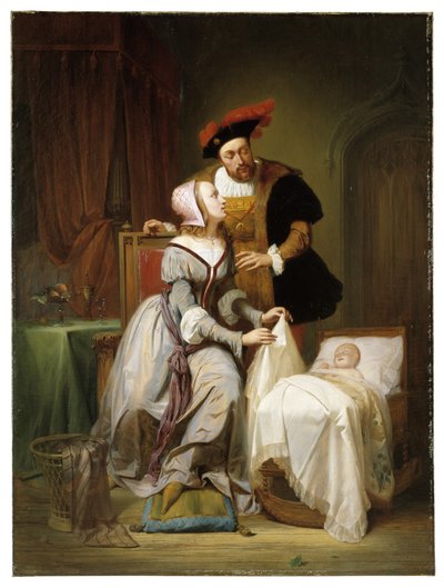 Cesarz Karol i jego kochanka Johanna Van der Gheynst przy kołysce ich córki Małgorzaty autorstwa Theodore Joseph Canneel