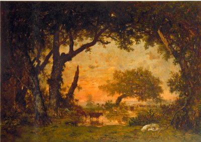 Wyjście z lasu w Fontainebleau, zachód słońca (olej na płótnie) autorstwa Pierre Etienne Theodore Rousseau